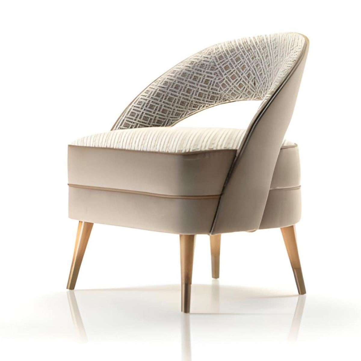 Luxuriöser gepolsterter Esszimmerstuhl mit geschwungener Rückenlehne aus beigefarbenem Samt mit geometrischen