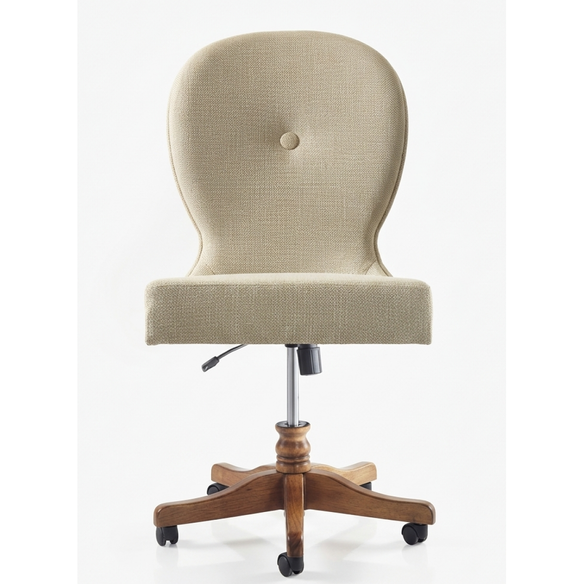 Fauteuil de direction rembourré de luxe en tissu beige texturé avec base pivotante en bois réglable - Mobilier de bureau Vue de face par Luxury Group International