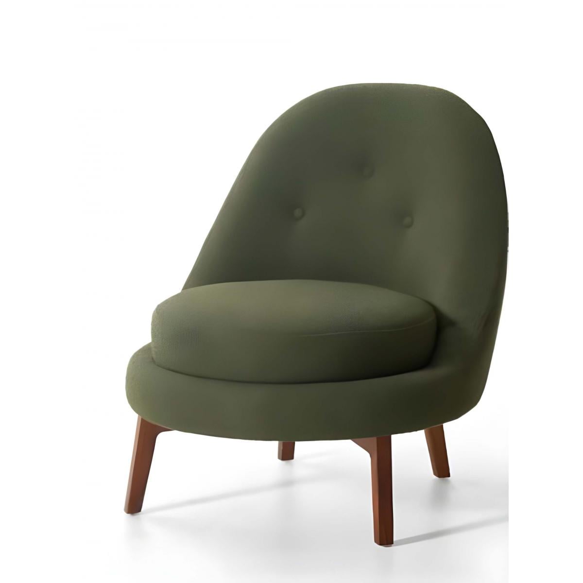 Luxuriöser gepolsterter Loungesessel aus olivgrünem Samt mit getufteter Rückenlehne und Beinen aus Nussbaumholz der