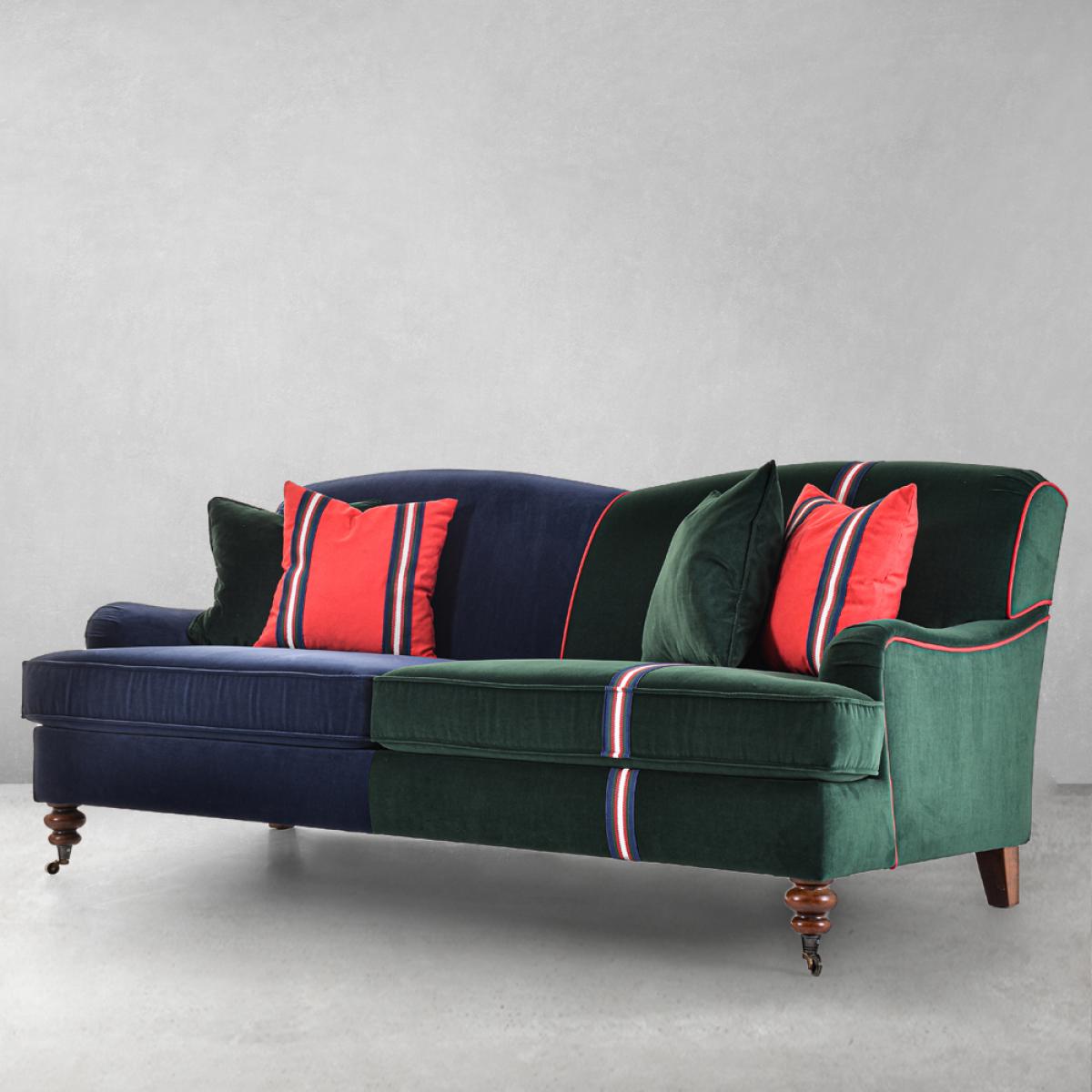 Luxury Velvet 3-Seater Sofa in Dual-Tone Upholstery with Brass Castor Legs Front View by Luxury Group International