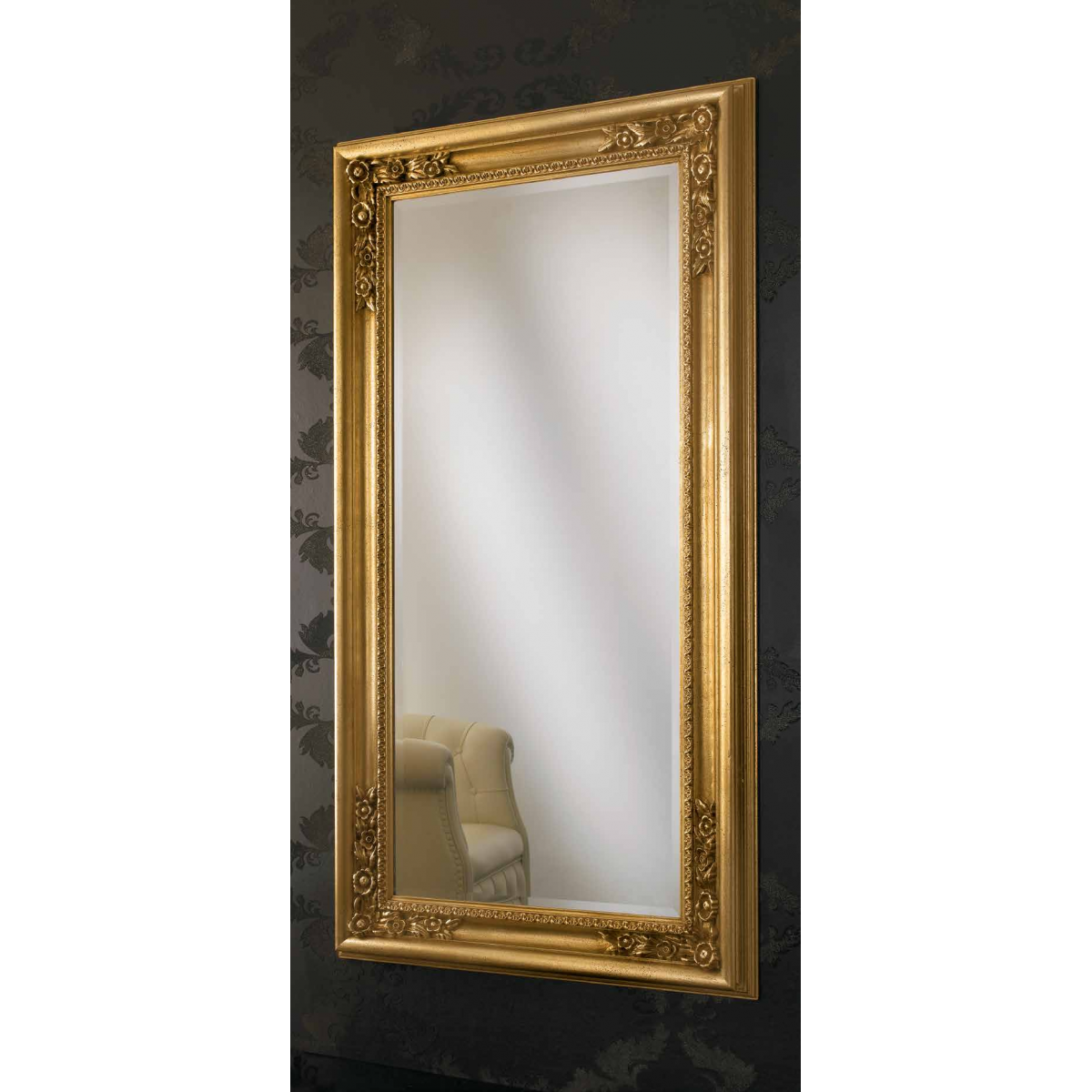 Luxury Vertical Gold Baroque Wall Mirror with Sculpted Floral Corners and Beaded Inner Trim – 190 CM by Luxury Group