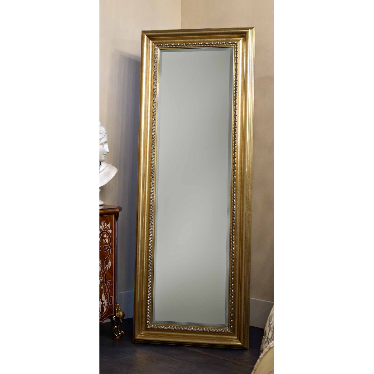 Luxury Vertical Gold Baroque Wall Mirror with Silver Beaded Inner Frame and Pedestal Leaf Detailing – 183 CM by Luxury Group