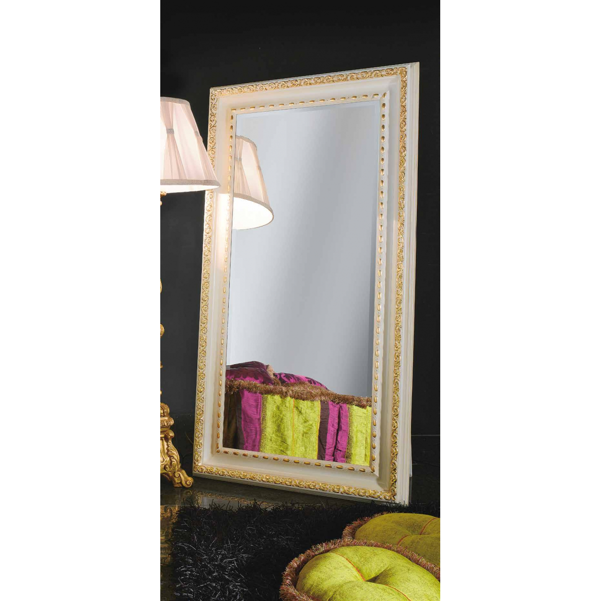 Luxury Vertical Ivory Baroque Wall Mirror with Gold Accent Frame and Sculpted Leaf Corners – 190 CM by Luxury Group