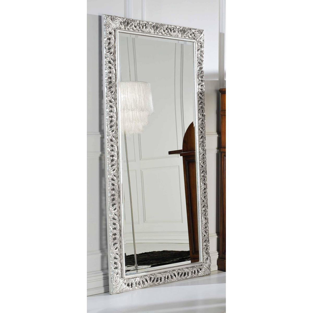Luxury Vertical Silver Baroque Mirror with Handcrafted Leaf Frame and Inner Beaded Trim – 180 CM by Luxury Group