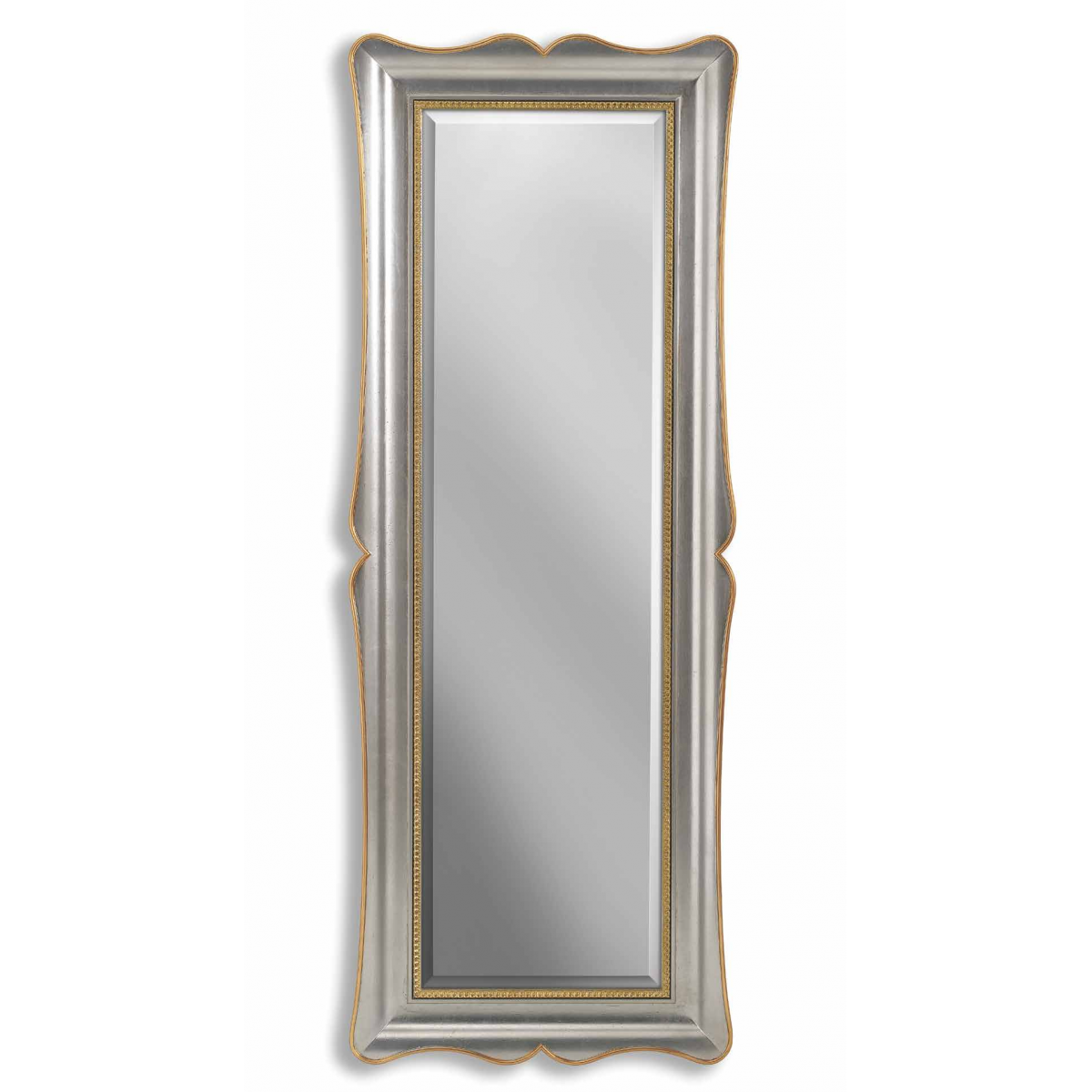 Luxury Vertical Silver Baroque Wall Mirror with Gold Inner Beaded Trim in Curved Frame – 185 CM by Luxury Group International