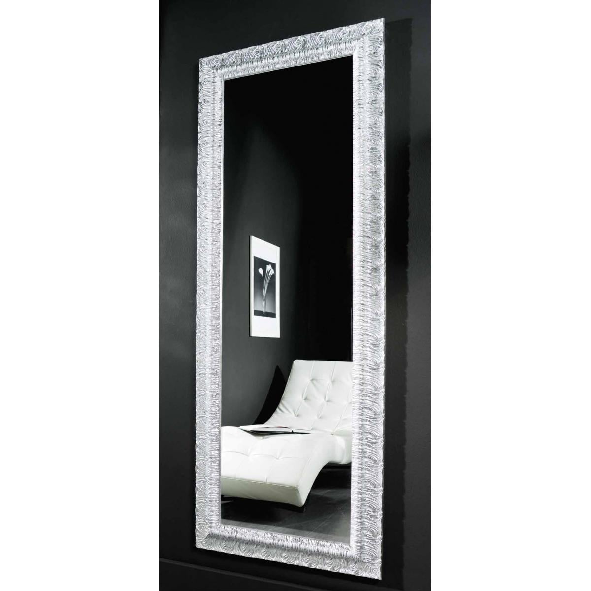 Luxury Vertical Silver Baroque Wall Mirror with Sculpted Floral Motif and Glossy Silver Edging – 178 CM by Luxury Group