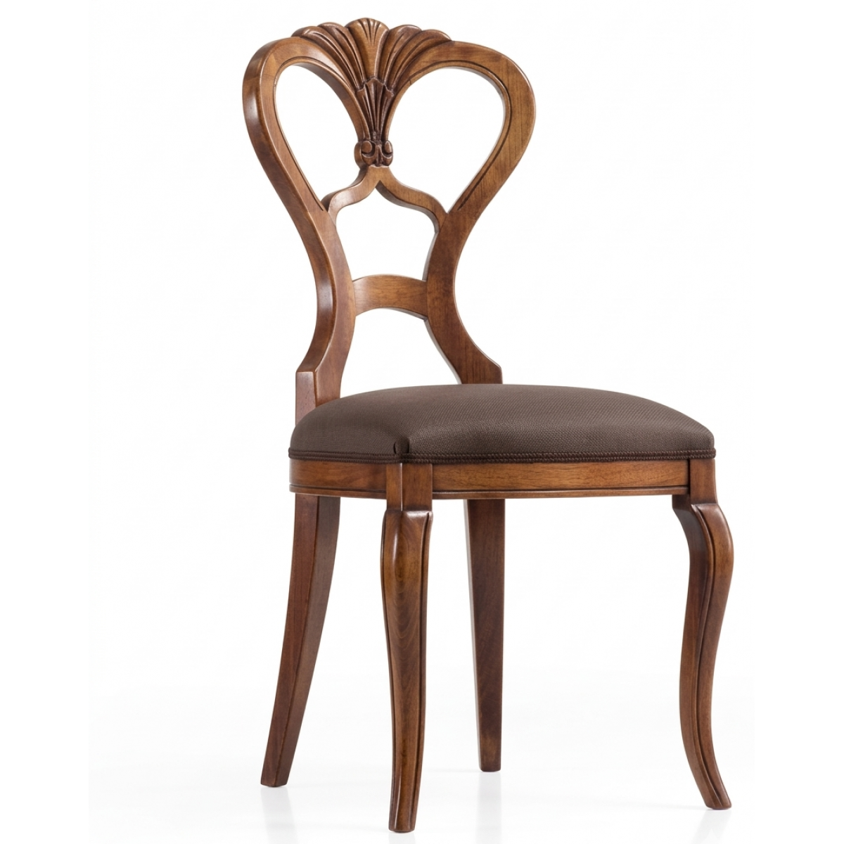 Luxury Walnut Wooden Dining Chair with Sculpted Crown Open Back & Brown Upholstered Seat - Dining Room Furniture Front View by Luxury Group International