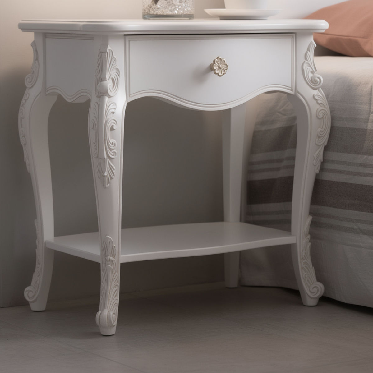 Luxury White Baroque Nightstand with One Drawer & Open Shelf Storage - Bedroom Furniture Front View by Luxury Group International