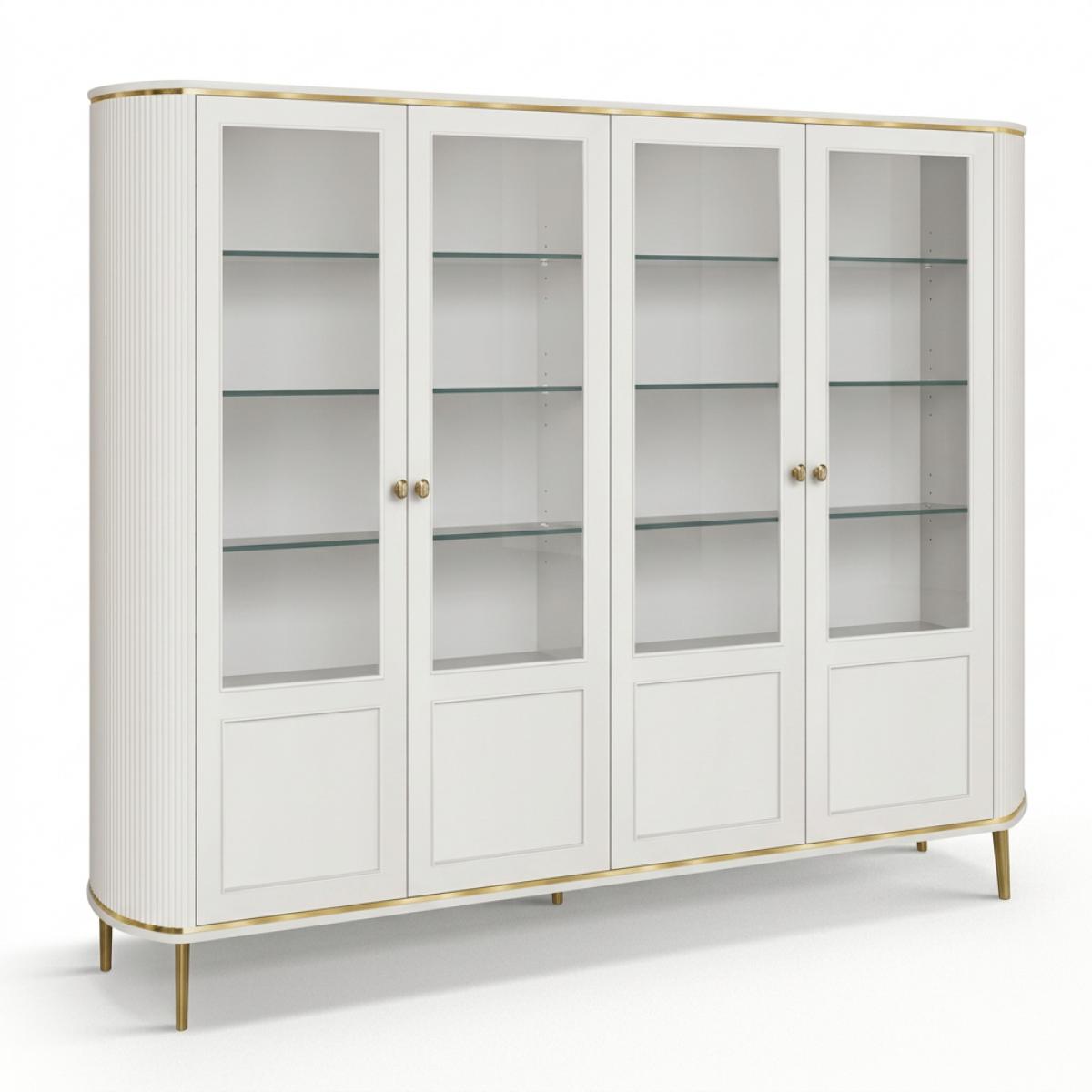 Vitrine de Luxe Blanche Design à Portes Multiples en Verre avec Finition Dorée et Base Panneau de Rangement - Mobilier de Salon Vue de face par Luxury Group International