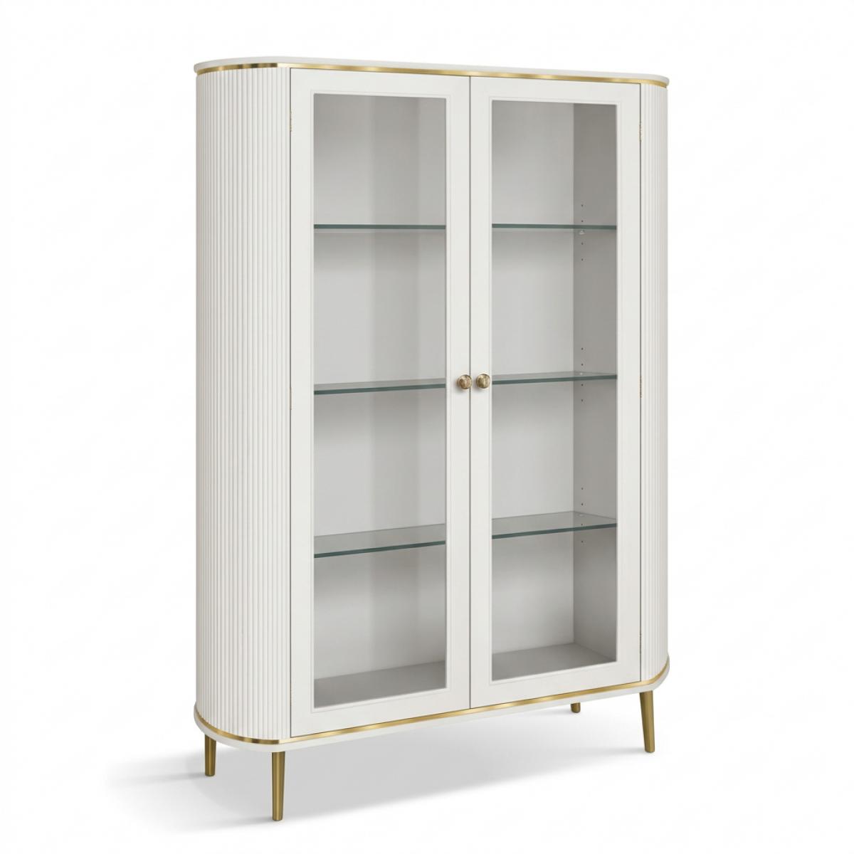 Vitrine de Luxe Blanche à Double Porte en Verre avec Garniture Dorée et Panneaux Latéraux Cannelés - Meuble de Salon Vue de face par Luxury Group International