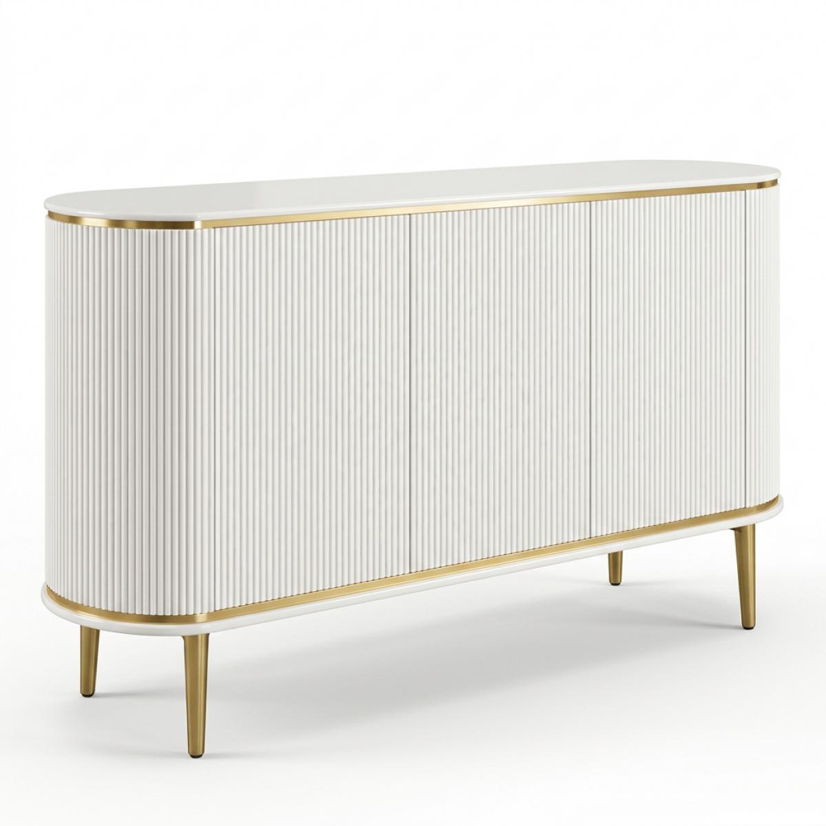 Buffet Courbé de Luxe Blanc Laqué avec Accents Dorés et Panneaux de Portes Triple Cannelés - Mobilier de Salon Vue de face par Luxury Group International