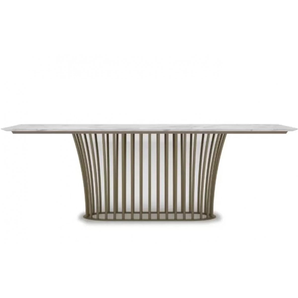 Luxury White Marble Top Rectangular Dining Table Antique Brass Finish Metal Rod Base Side View by Luxury Group International