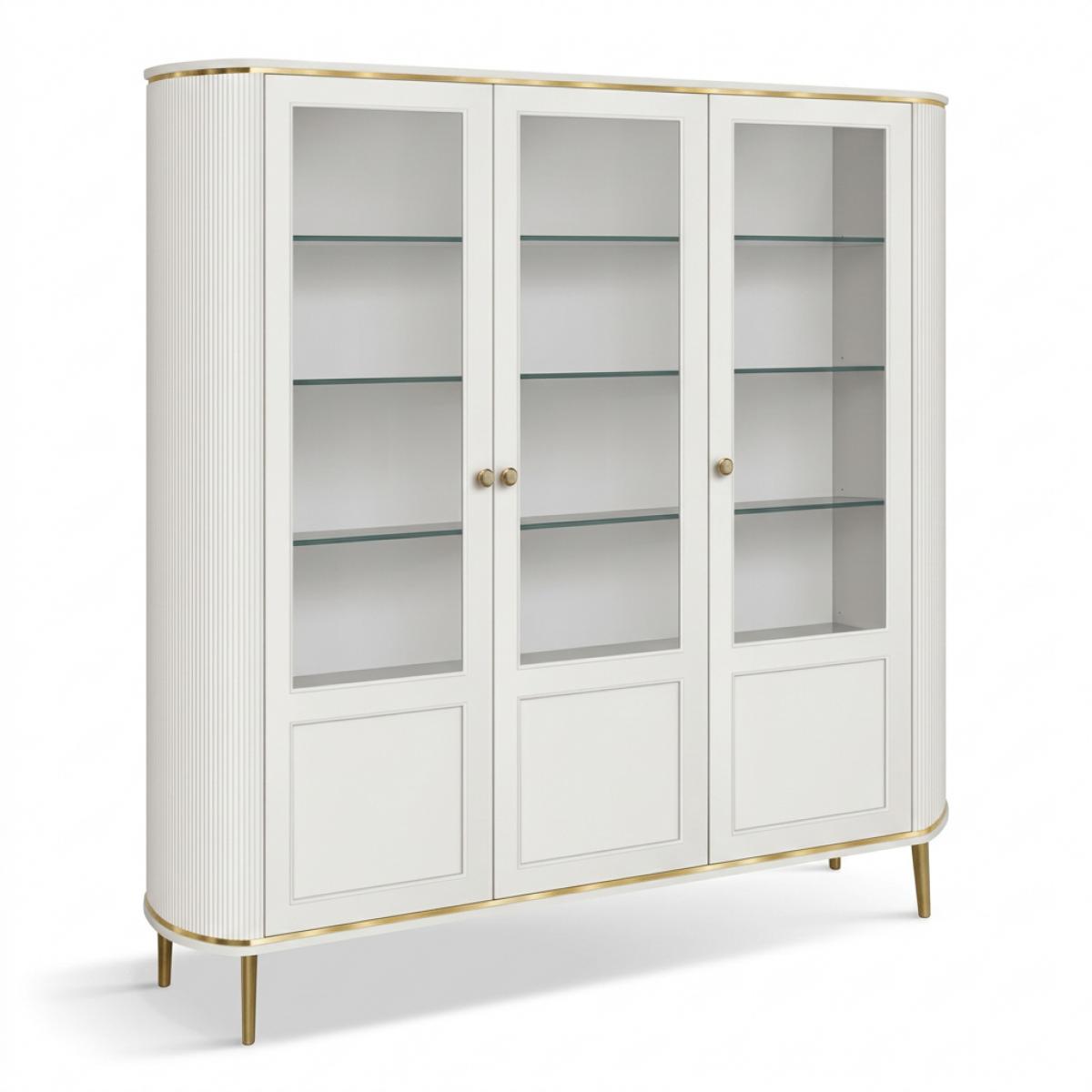 Vitrine de Luxe Blanche à Triple Porte en Verre avec Bordure Dorée et Base de Rangement à Panneau - Meubles de Salon Vue de face par Luxury Group International