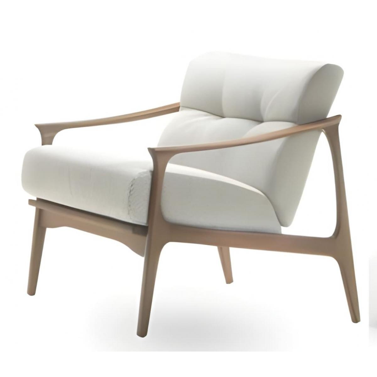 Luxuriöser weiß gepolsterter moderner Akzent-Sessel mit mittig-jahrhundertlichem Spindel-Rückenlehne im Holzrahmen von