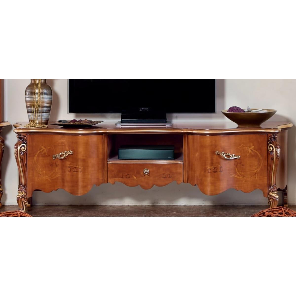 Luxury Wooden Baroque TV Console with Open Media Shelf Center Drawer & Inlaid Storage Panels – 185 CM Front View by Luxury Group International