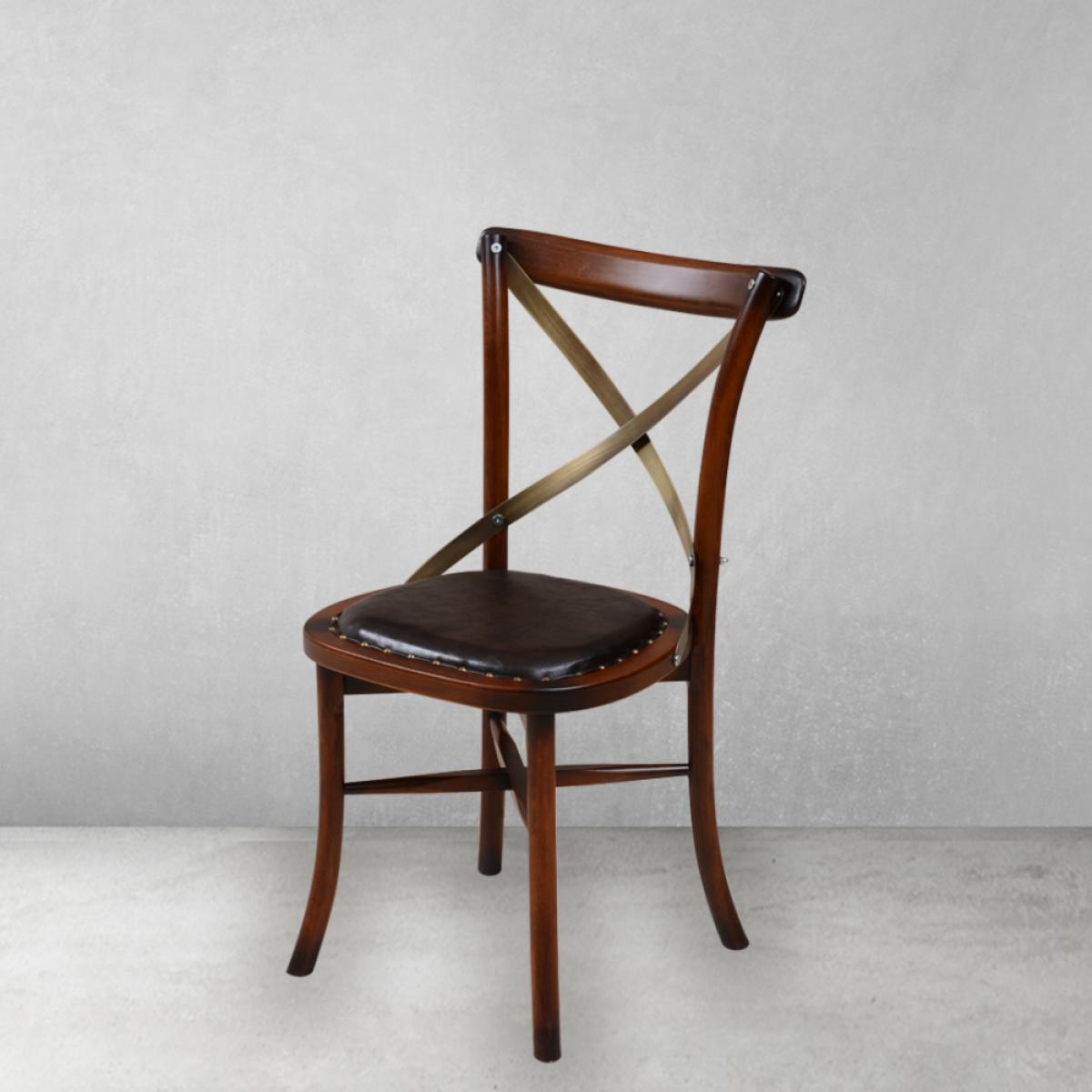 Luxury Wooden Dining Chair with Brass Cross Back & Leather Upholstered Seat - Dining Room Furniture Front View by Luxury Group International