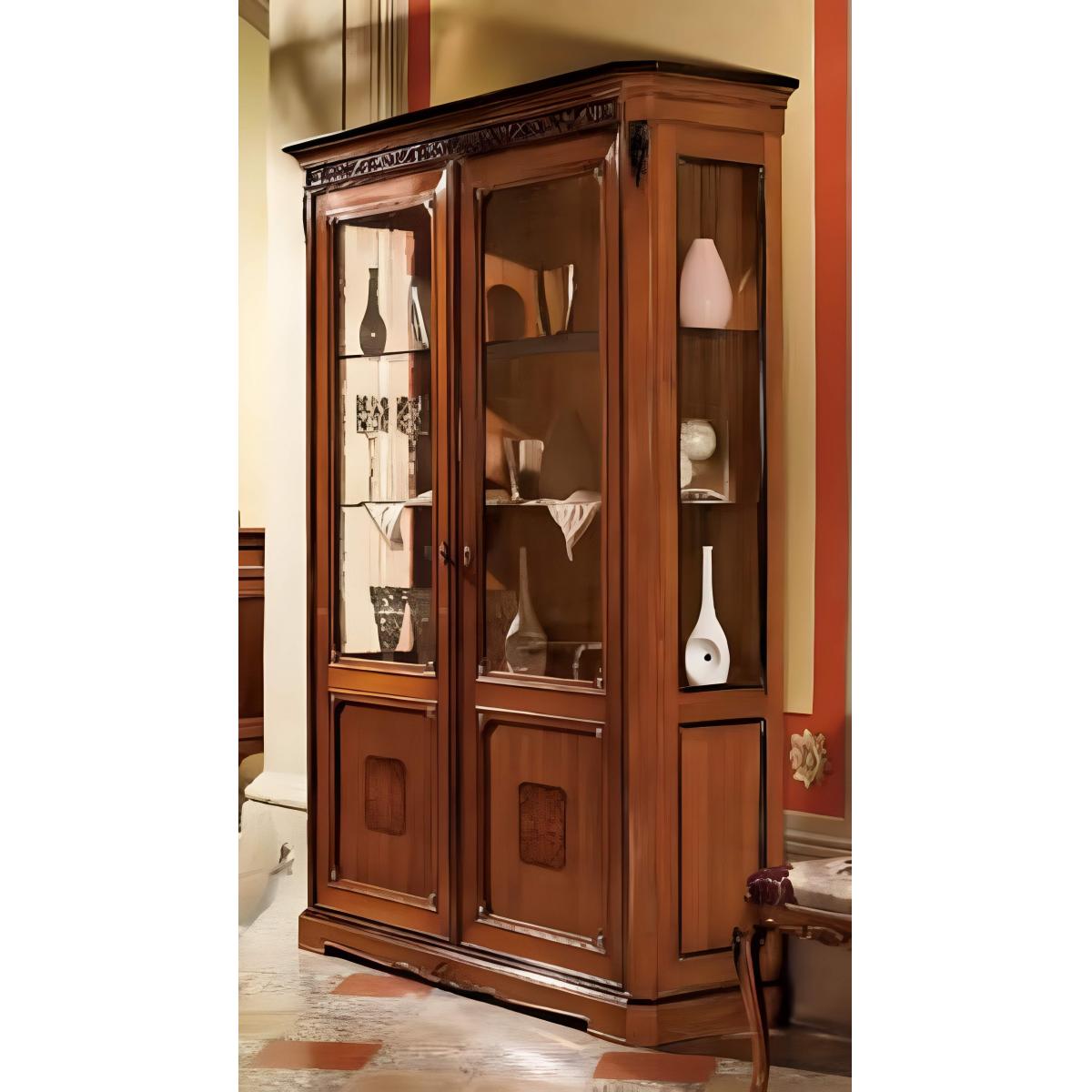 Luxury Wooden Double Door Glass Display Cabinet with Ornamental Carved Trim in Walnut Finish Front View by Luxury Group International