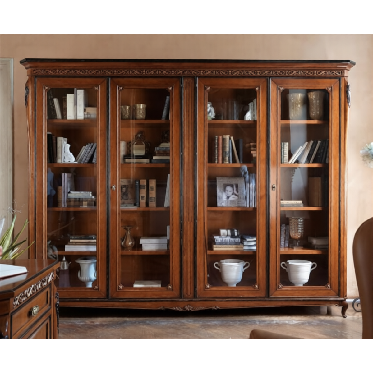 Luxury Wooden Multi-Door Glass Display Cabinet with Ornamental Crown Trim in Walnut Finish Front View by Luxury Group International