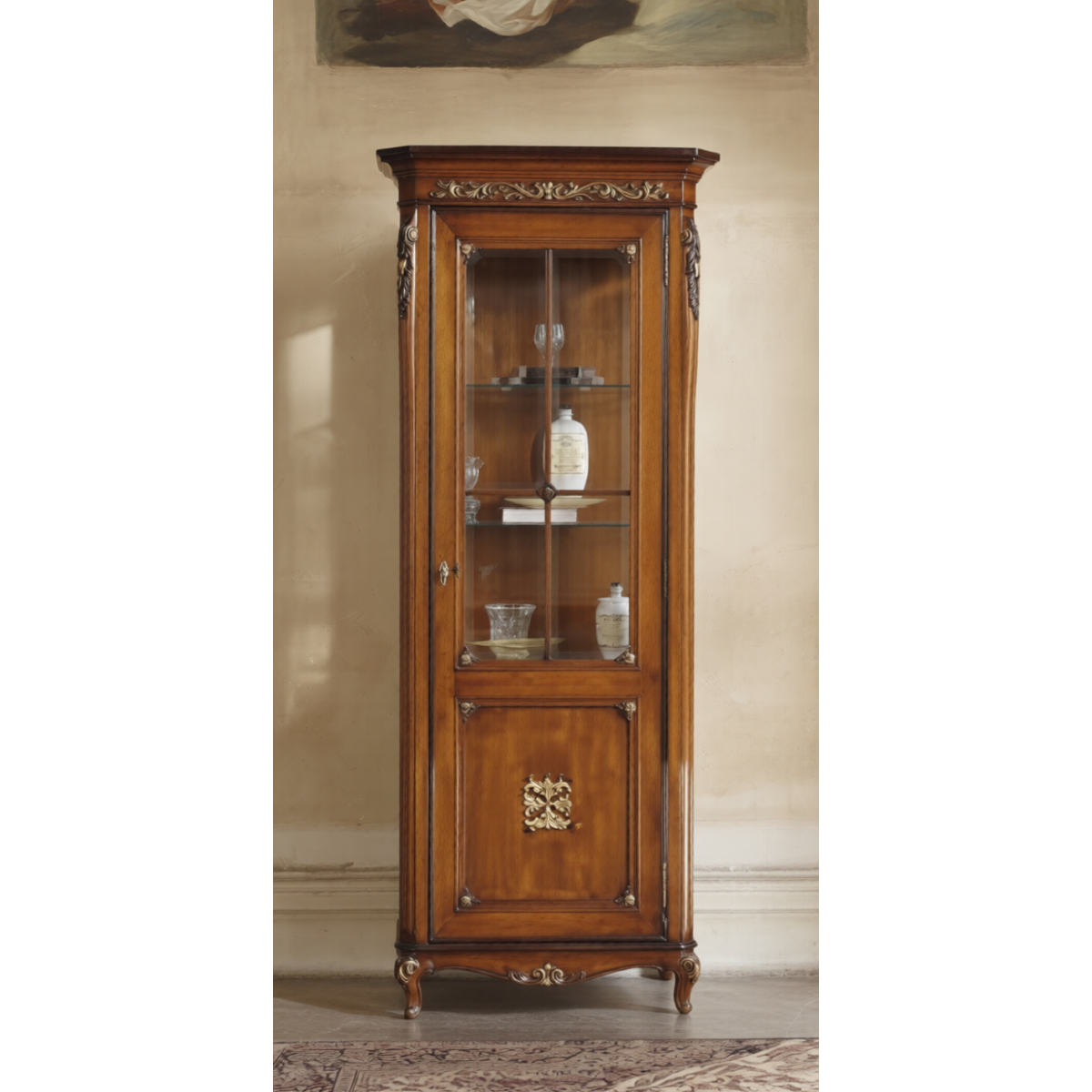 Luxury Wooden Single Door Glass Display Cabinet with Decorative Trim in Walnut Finish Front View by Luxury Group International