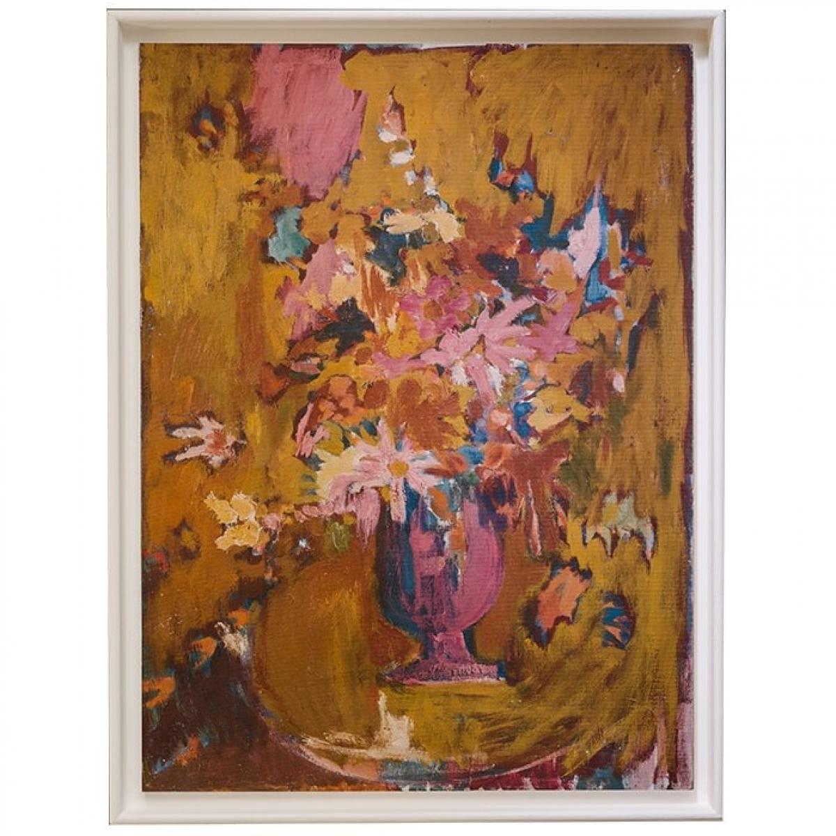 Luxuriöse gelbe abstrakte Blumen-Wandkunst mit lebendigem pinkfarbenem botanischem Vasen-Design von Luxury Group International
