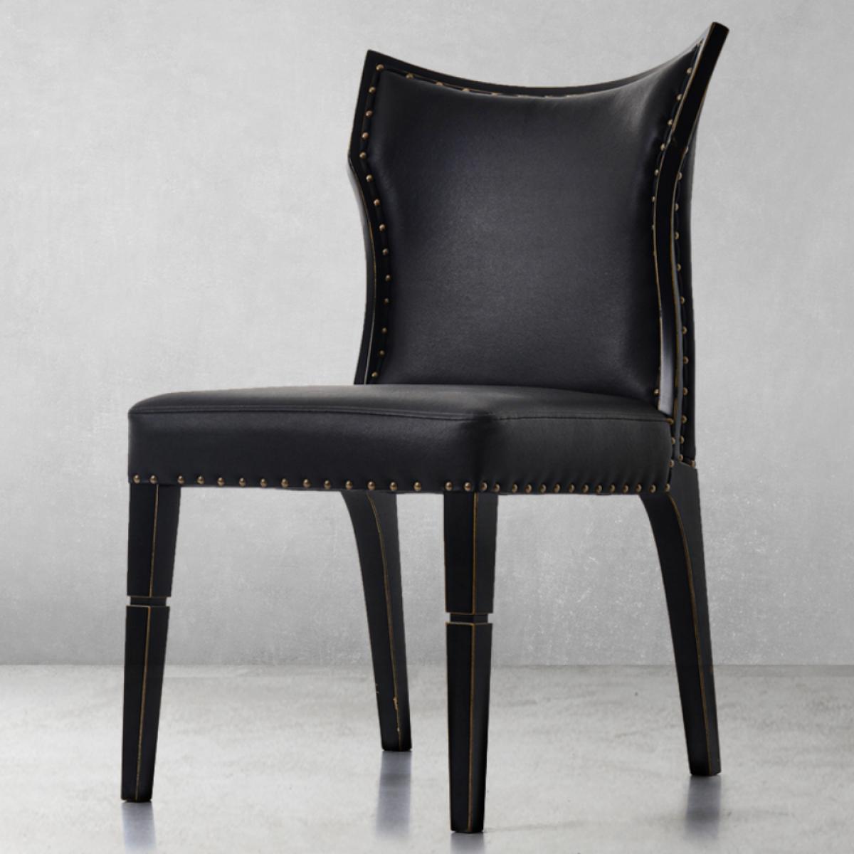 Midnight Black Luxury Dining Chair with Brass Studded Leather Upholstery - Dining Room Furniture Front View by Luxury Group International