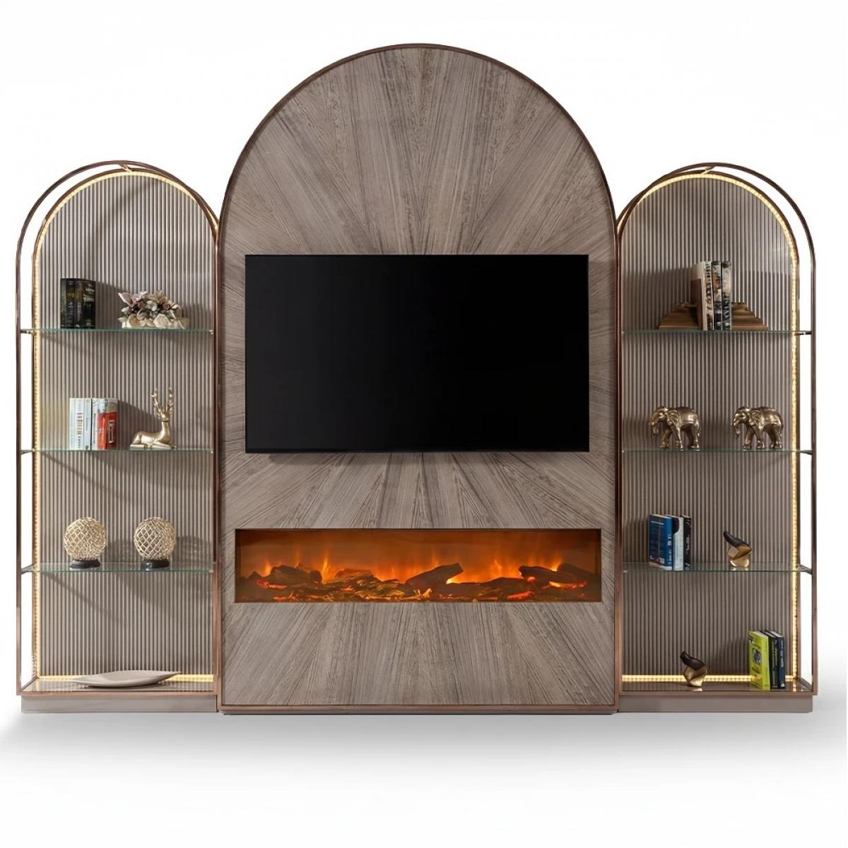 Meuble TV Design de Luxe Moderne à Cadre Cuivré Beige avec Étagères en Verre et Cheminées par Luxury Group International