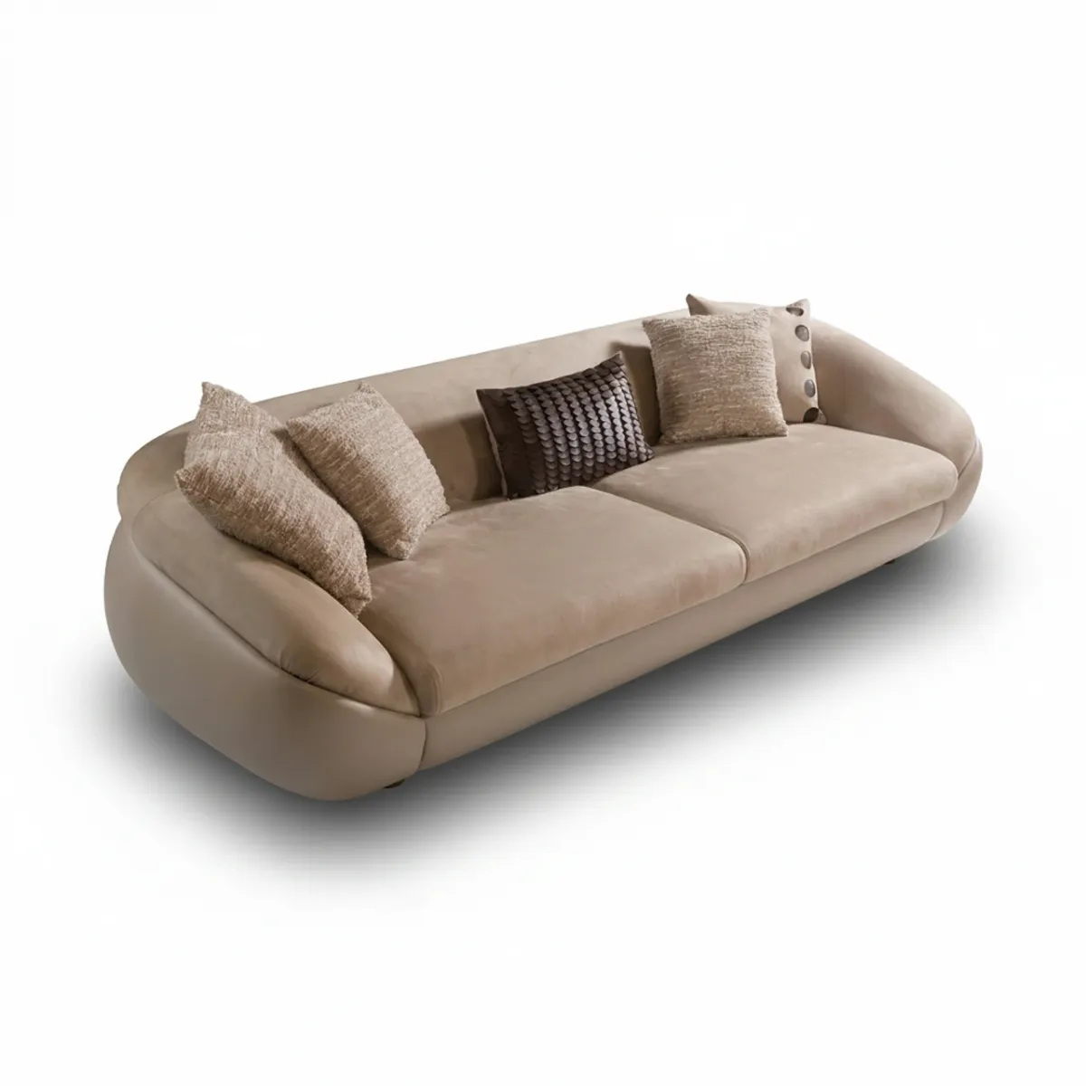 Modern Beige Matte Fabric Luxury Leather Sofa with Rounded Barrel Arms and Curved Back by Luxury Group International