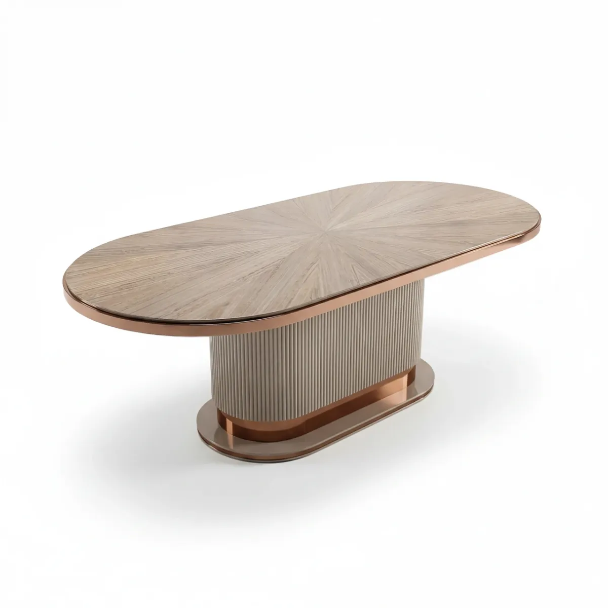 Beige oval oak wood luxury modern dining table with rose gold metallic accents by Luxury Group International