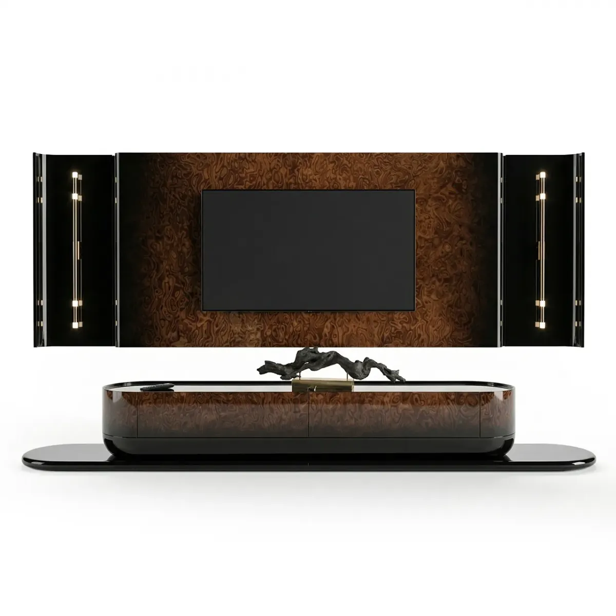 Meuble TV de luxe en bois de loupe marron avec design moderne de panneau mural par Luxury Group International