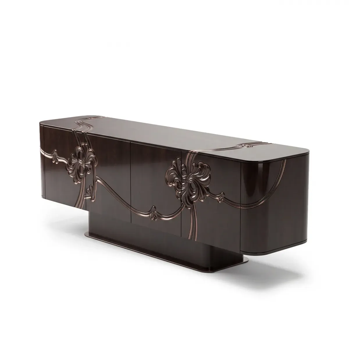 Modern Dark Brown Glossy Veneer Luxury Sideboard Cabinet With Floral Carving & Storage by Luxury Group International