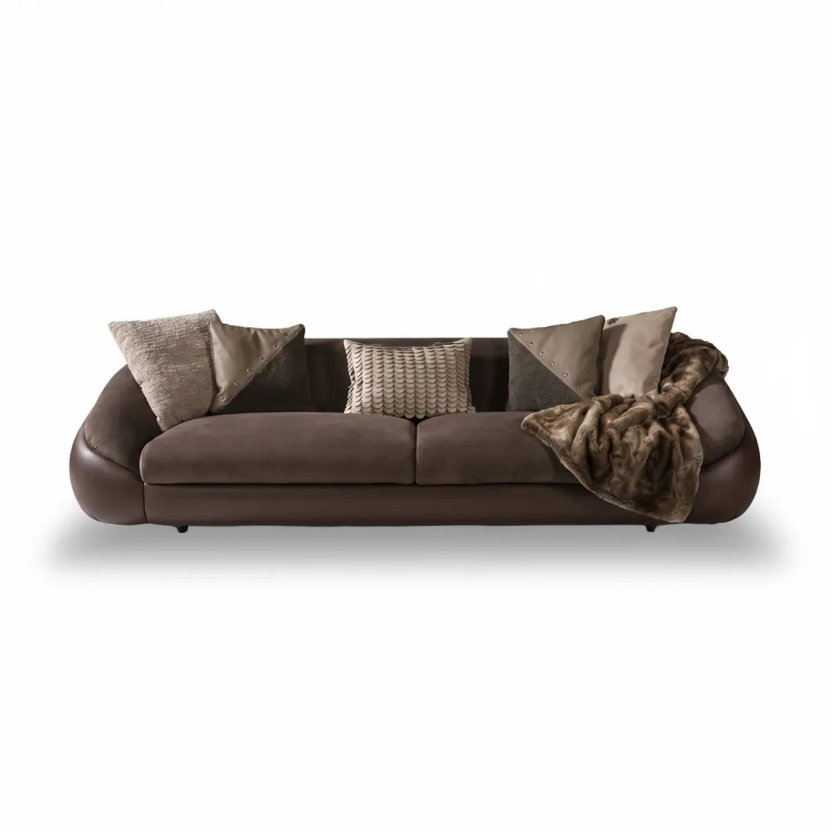 Modern Dark Brown Matte Fabric Luxury Leather Sofa with Rounded Barrel Arms and Curved Back by Luxury Group International