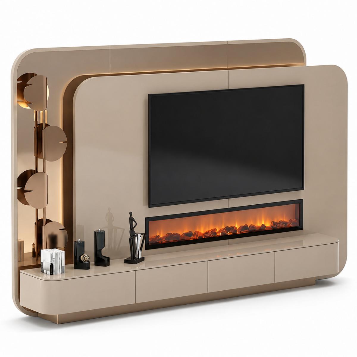 Luxury Modern Beige TV Unit with Integrated Fireplace by Luxury Group International