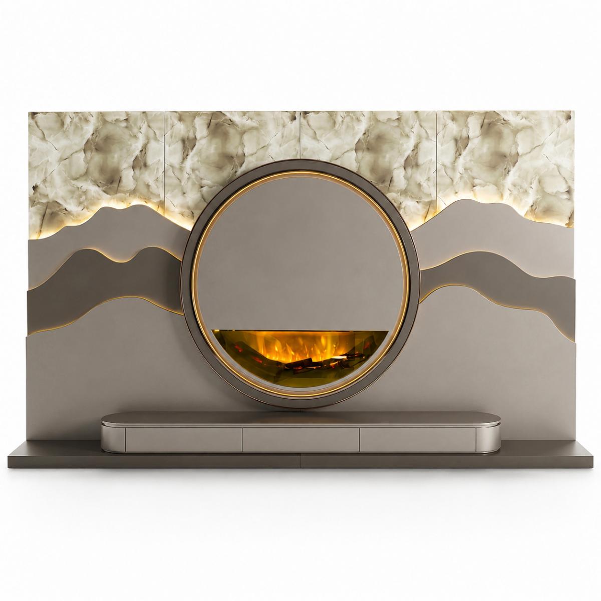 Mueble de TV con Chimenea Moderna de Lujo, Panel de Pared con Efecto Mármol y Iluminación LED Ambiental por Luxury Group International
