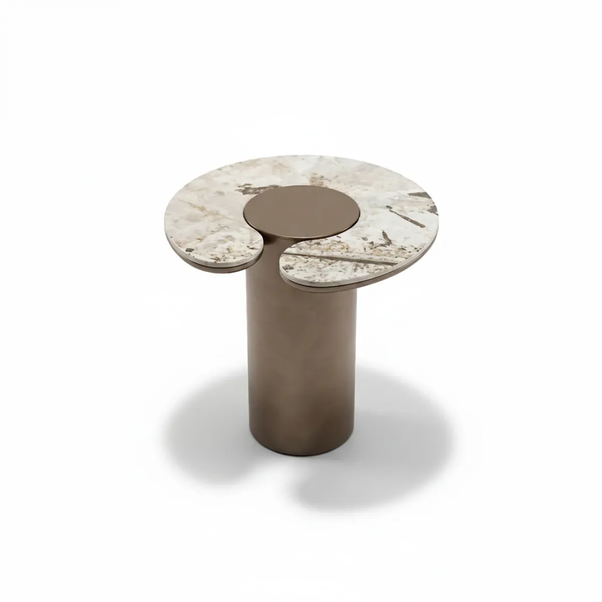 White Marble top & Bronze Disc Modern Luxury Side Table by Luxury Group International