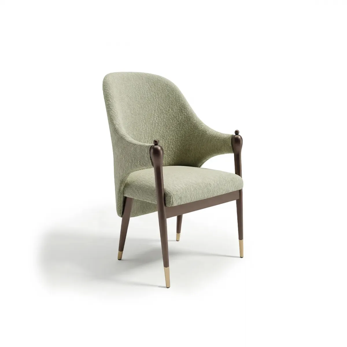 Pistachio green upholstered luxury dining chair with brown wooden legs by Luxury Group International