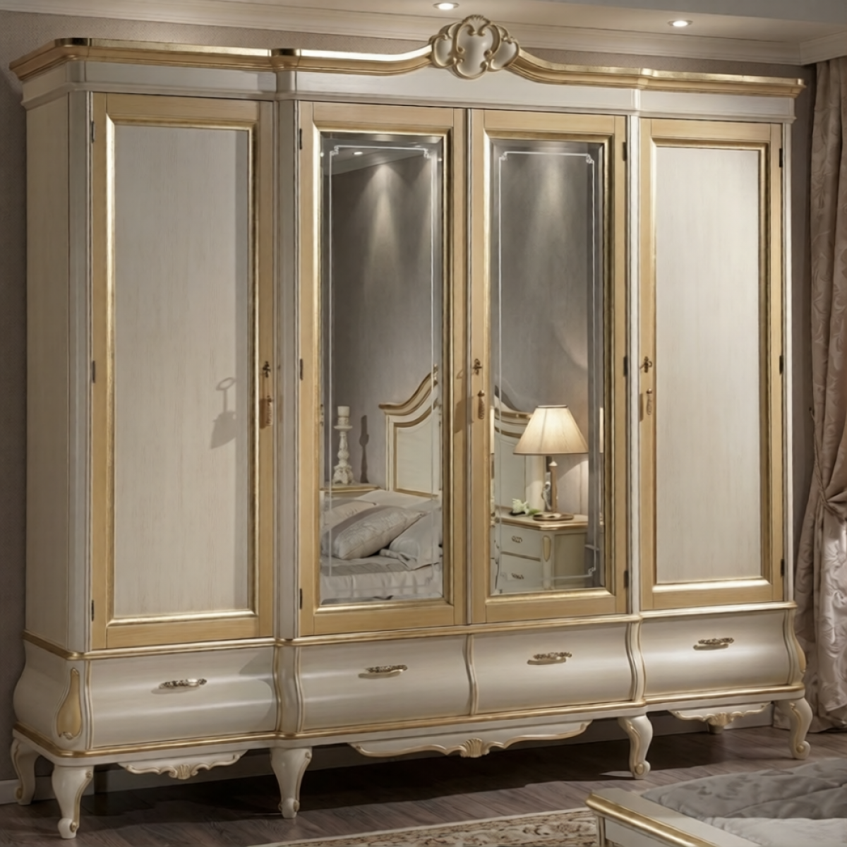 Vitrine Baroque de Luxe Multi-Portes en Ivoire et Or avec Panneaux Miroirs et Base de Rangement Courbée Vue de face par Luxury Group International