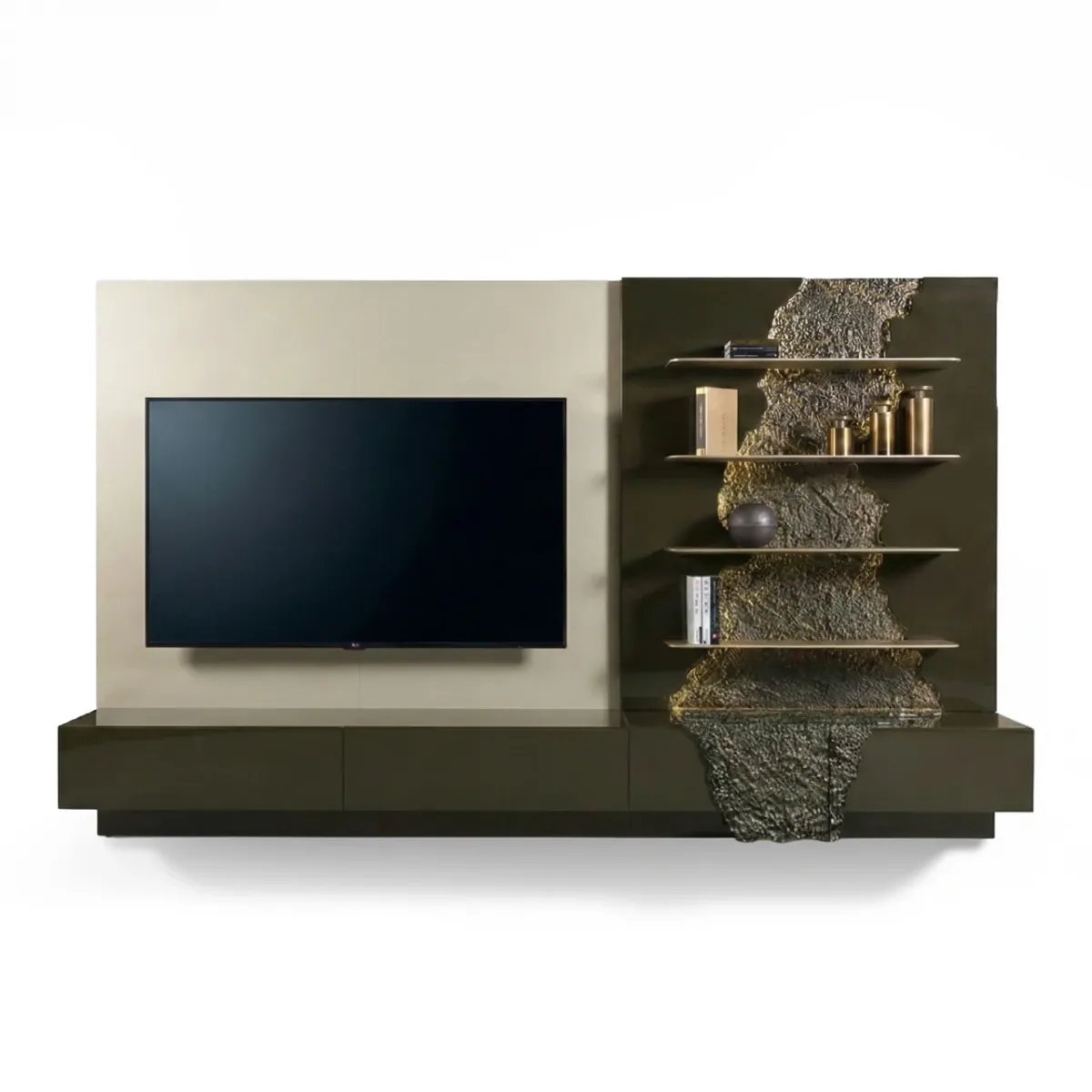 Olive Green & Beige Luxury TV Unit in Matte Painted Wood with Golden Design by Luxury Group International