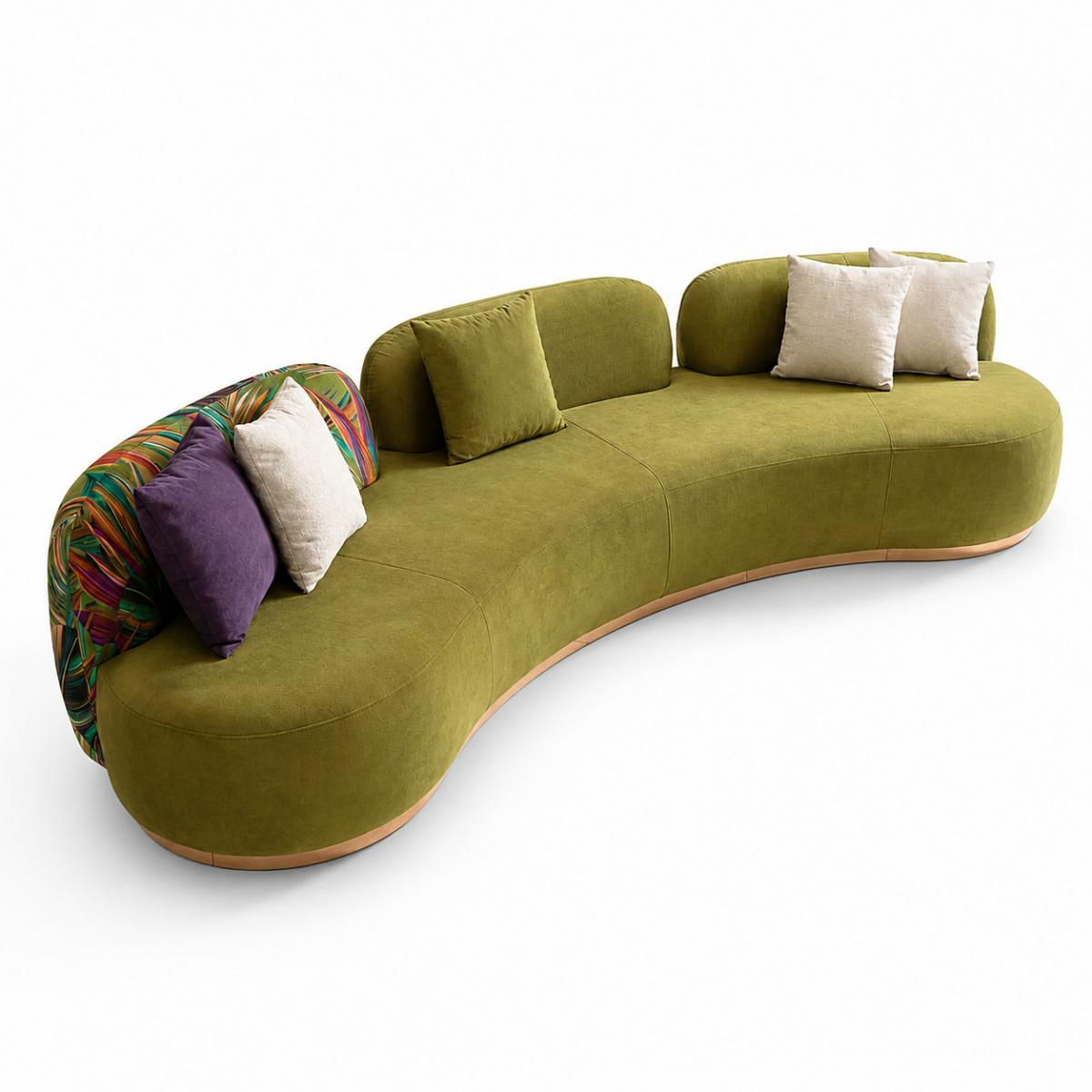 Olive Green Matte Velvet Luxury Modern Sofa with Rounded Chaise Curve & Golden base by Luxury Group International