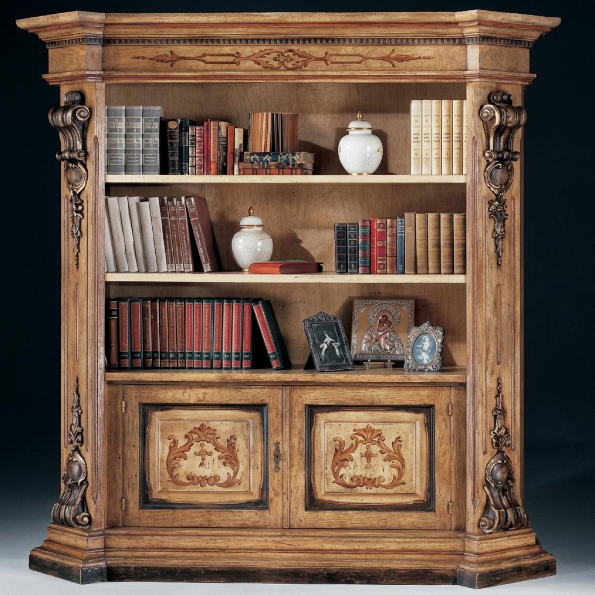 Armoire Baroque de Luxe à Étagères Ouvertes en Bois Naturel Miel avec Cabinet de Rangement Inférieur à Incrustation de Marqueterie Vue de face par Luxury Group International
