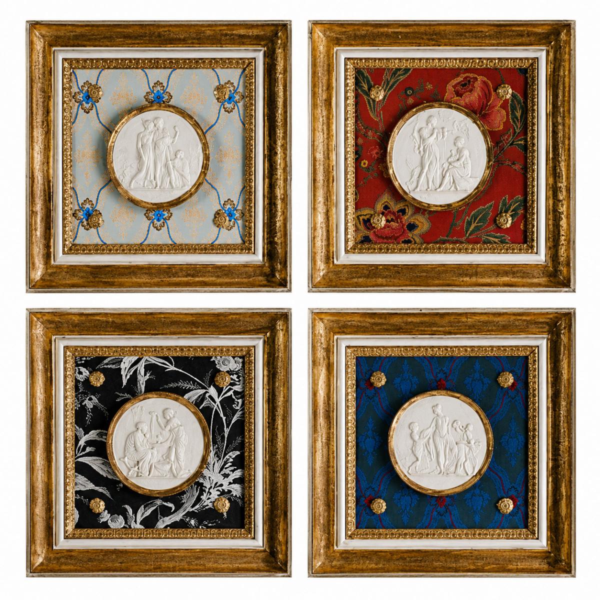 Blue / Red / Black Luxury Framed Medallion Wall Art Set of 4 with Decorative Textile Panels by Luxury Group International