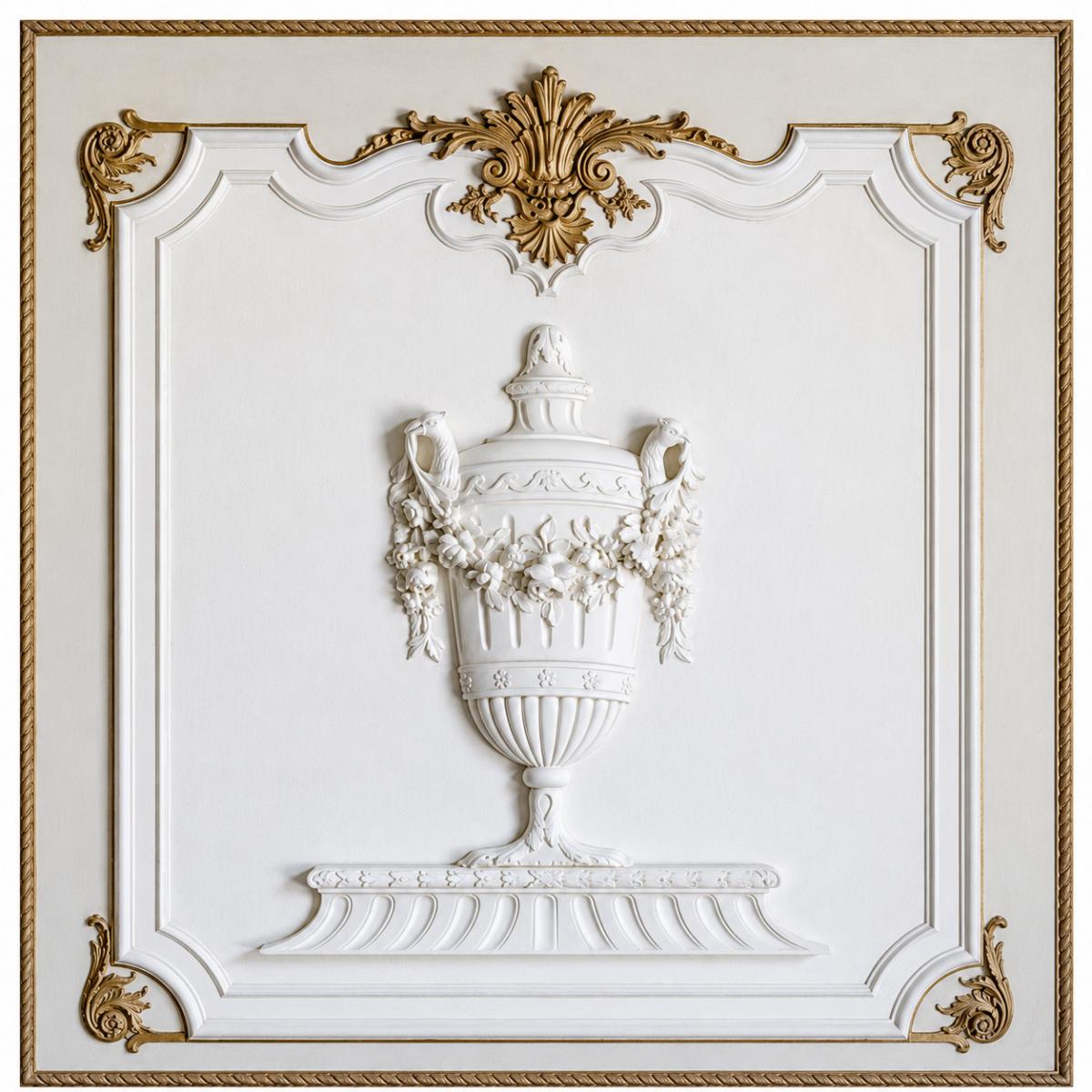 Ornate French Rococo Luxury Wall Art Plaque in Ivory White with Antique Gold Urn Relief by Luxury Group International