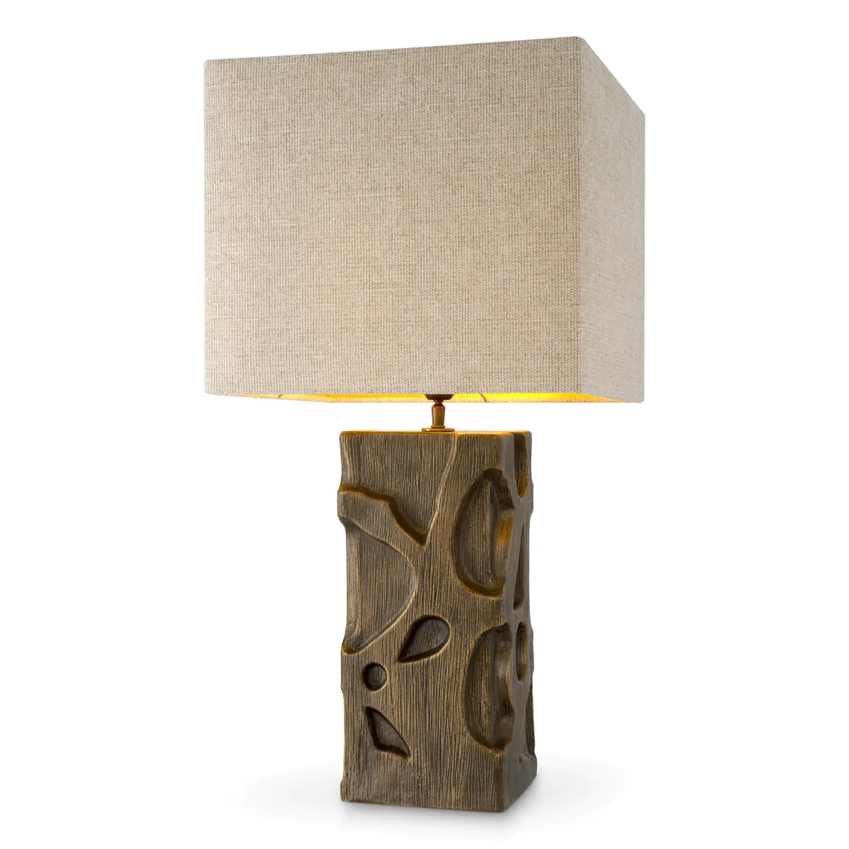 Elegant Modern Luxury Table Lamp in vintage brass finish with square linen-mix shade by Luxury Group International