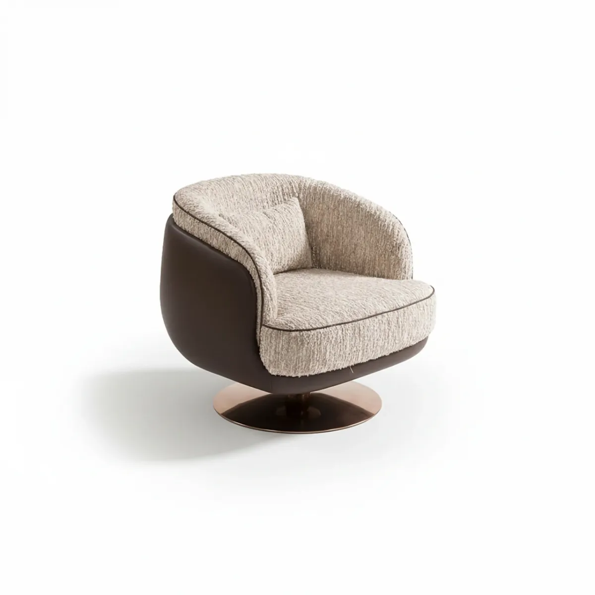 Luxury Mid-Century Armchair in Light Beige Fabric with Round Swivel Bronze Base by Luxury Group International