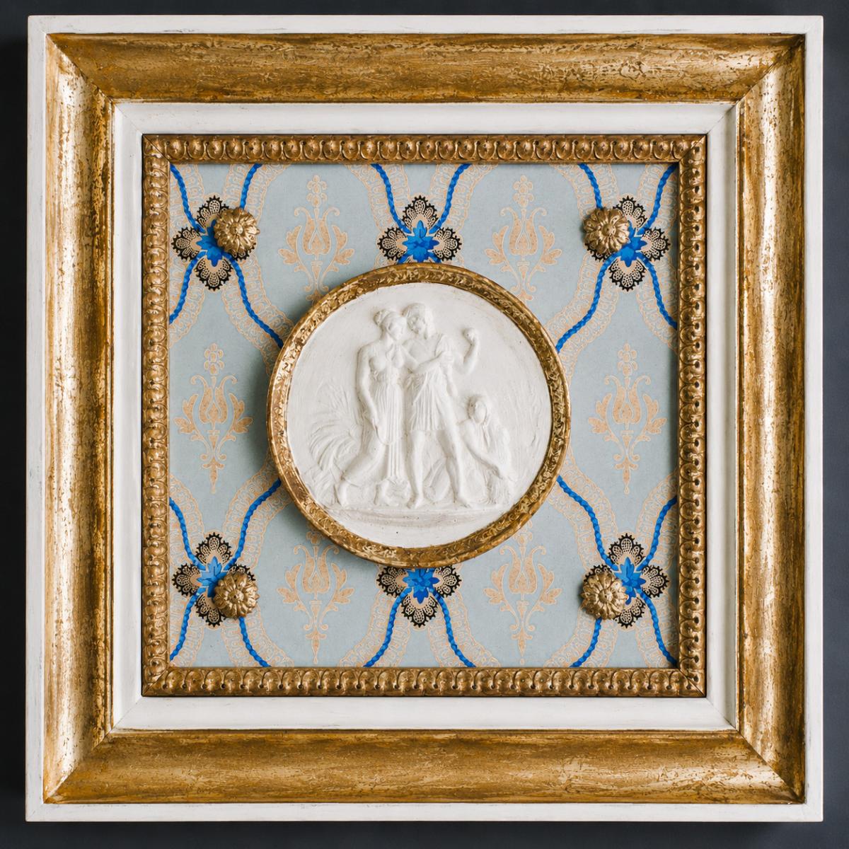 White Luxury Neoclassical Medallion Golden Frame Wall Art with Blue Patterned Textile by Luxury Group International