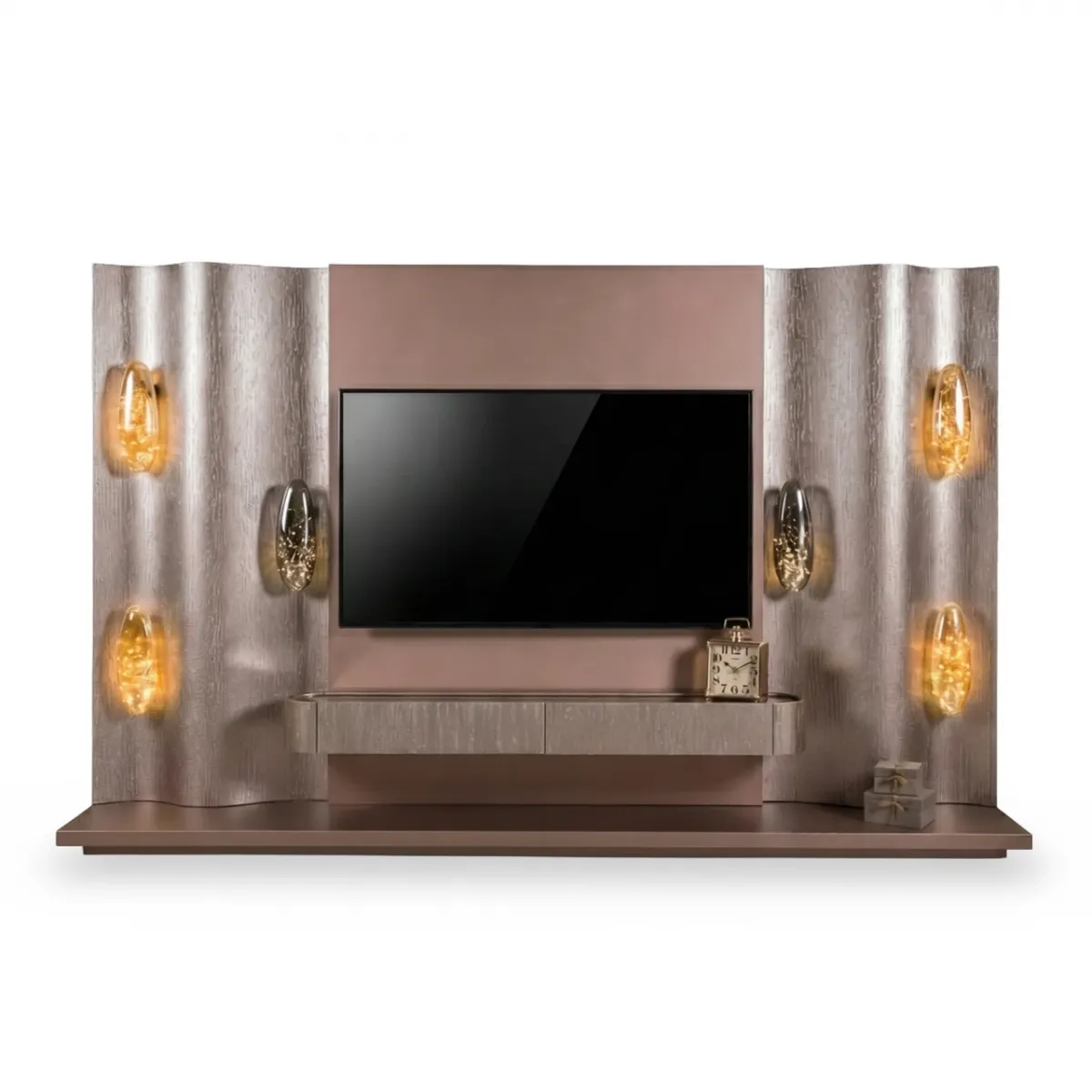 Beige Brown wavy panel Luxury TV unit with integrated amber lighting by Luxury Group International