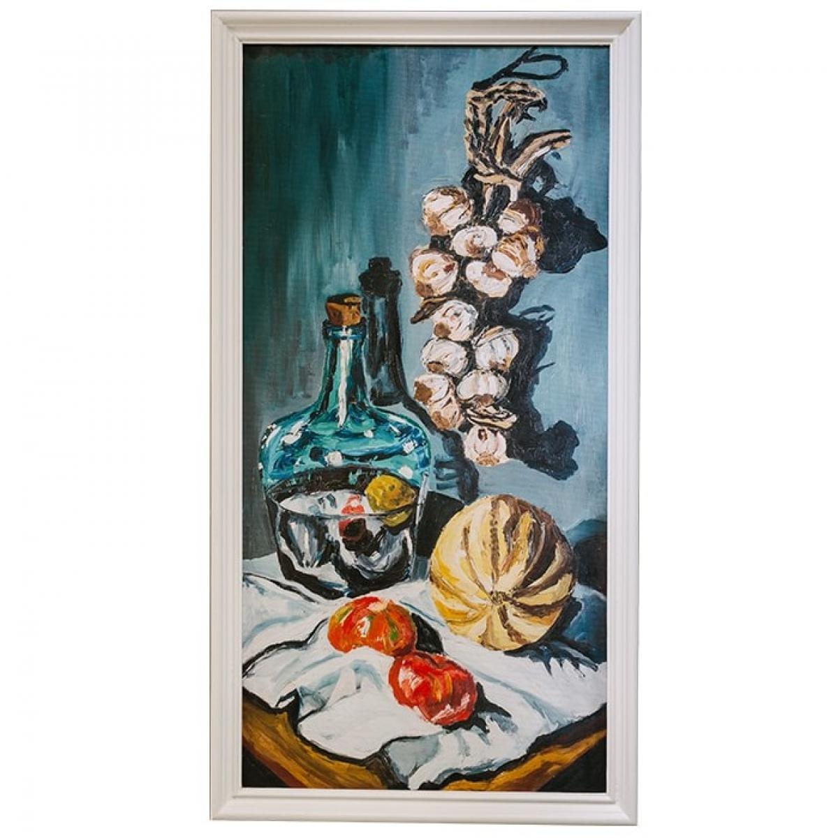 Luxus Vintage Stillleben Wandkunst mit Glasflasche, Knoblauch und Rustikaler Obstkomposition von Luxury Group International