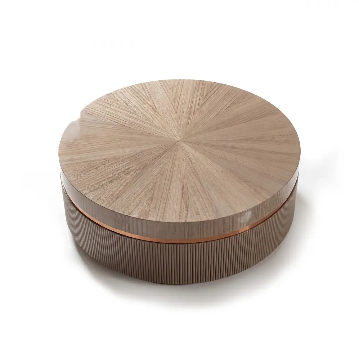 Beige Round natural oak wood luxury modern coffee table with antique gold finish by Luxury Group International