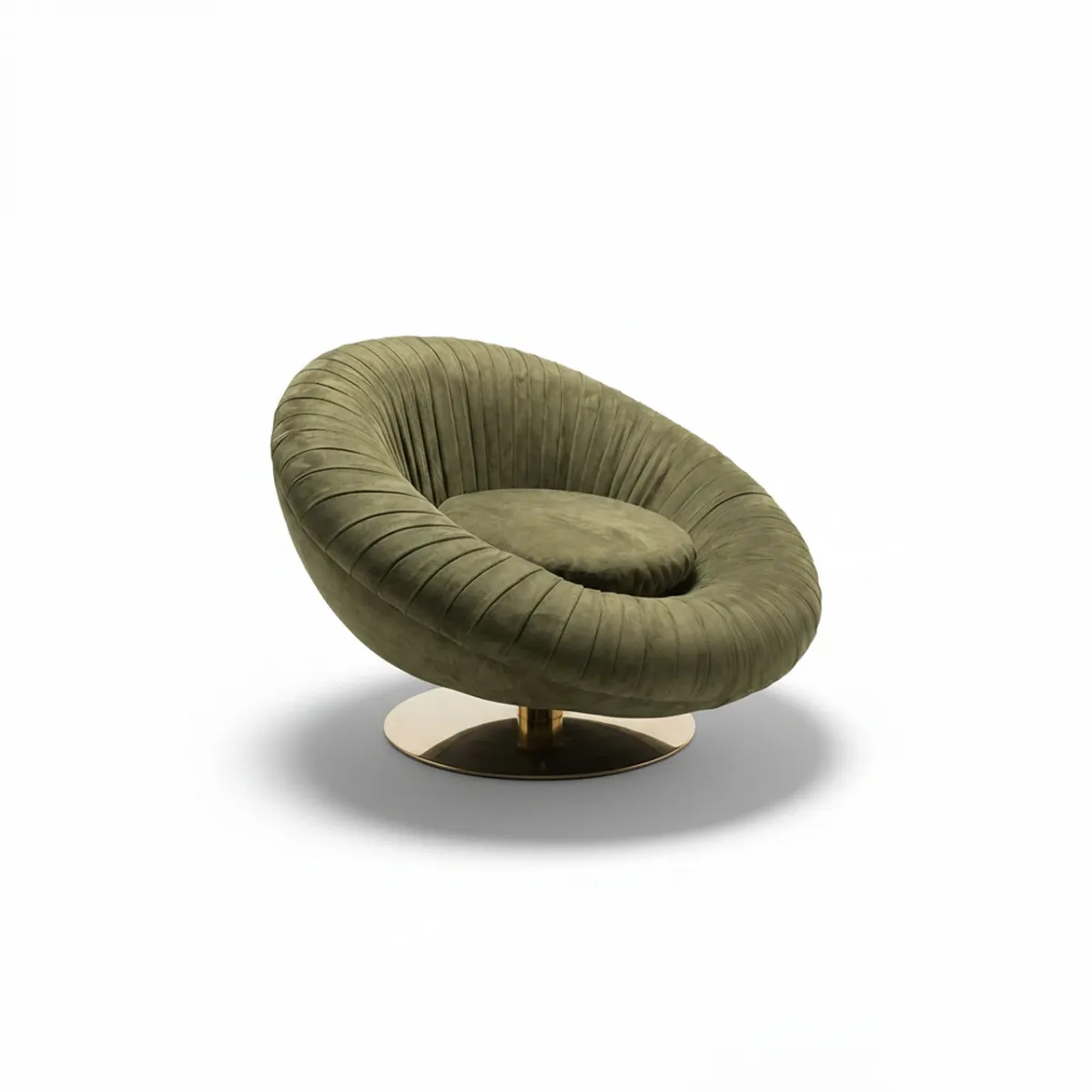 Olive Green Velvet Round 360-Degree Luxury Modern Swivel Round Arm Chair with Golden Base by Luxury Group International