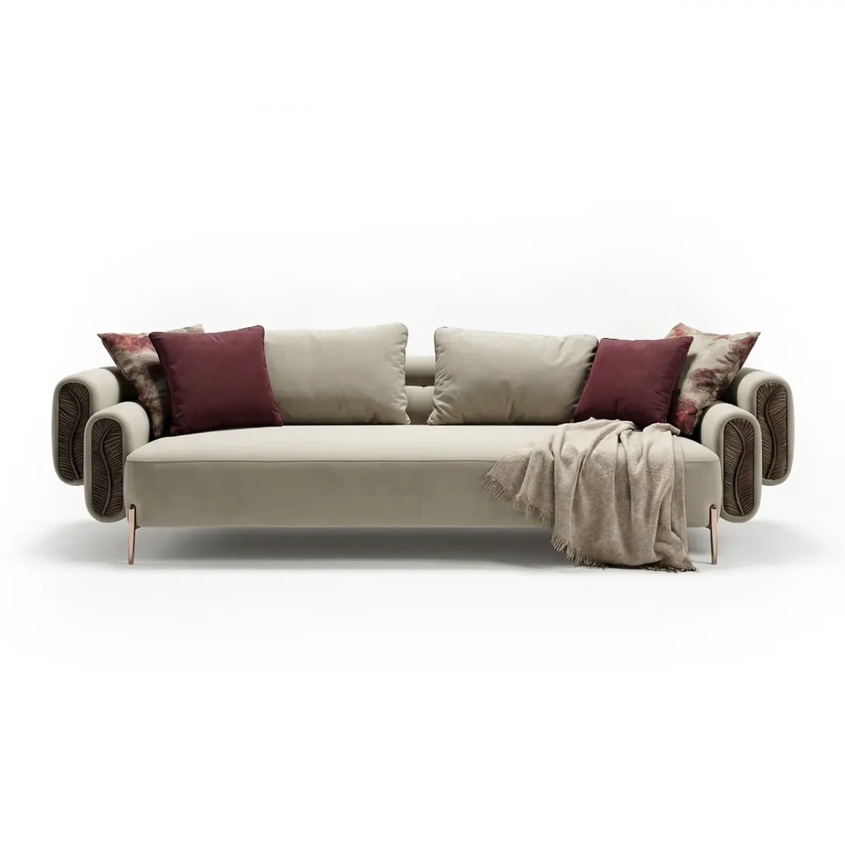 Premium Modern Luxus Sofa aus cremefarbenem mattem Stoff mit gerippten Zylinder-Seitenteilen und antikem Blattdesign von Luxury Group International