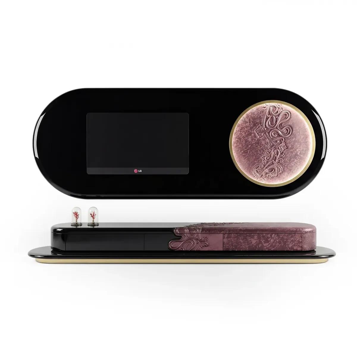 Mobile TV di Design di Lusso in Legno Laccato Nero e Malva ad Alta Lucidità con Pannelli Accento Oro di Luxury Group International